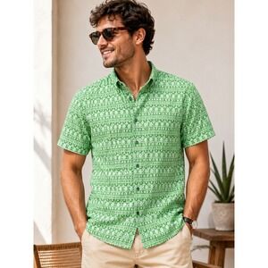 Green Geometric Print Button Down Shirt Men's Sz S Short Sleeve Casual Resort